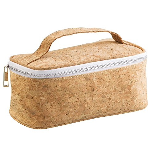 InterDesign Bolso Integral para cosméticos, con manija y Cremallera Plateada, Cork and Patent Leather Interior, Beige, 26,67x10,16x5,08 cm