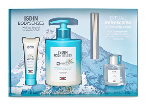 Isdin BodySenses RITUAL REFRESCANTE con Flor de Edelweiss: Loción Corporal 500ml + Crema de manos 30ml + Obsequio Ambientador con barritas aromáticas