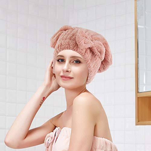 IYOU Toalla de pelo de microfibra rosa para el cabello, toalla de baño, salón, secado rápido, con botones, anti encrespamiento, productos para mujeres y niñas, cabello largo mojado