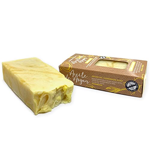 Jabón Natural de Aceite de Argán - Jabon de Manos, Cuerpo, y Cara Regenerador y Antienvejecimiento, Pastilla Sólida Ecológica y Artesanal, Fabricado en España, Vegano y Sin Aceite de Palma (100 g)