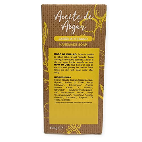 Jabón Natural de Aceite de Argán - Jabon de Manos, Cuerpo, y Cara Regenerador y Antienvejecimiento, Pastilla Sólida Ecológica y Artesanal, Fabricado en España, Vegano y Sin Aceite de Palma (100 g)