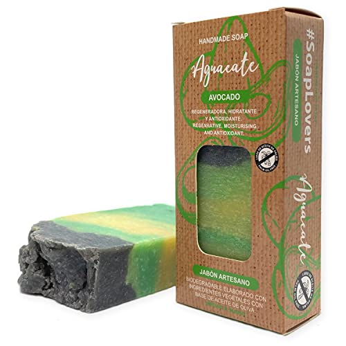 Jabón Natural de Aguacate - Jabon de Manos, Cuerpo, y Cara Hidratante y Antioxidante, Pastilla Sólida Ecológica y Artesanal, Fabricado en España, Vegano y Sin Aceite de Palma (100 g)