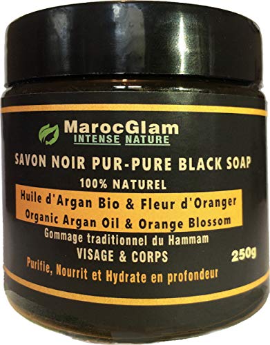 Jabón negro con aceite de argán orgánico y flor de naranjo 250 g + guante Kessa de lujo para exfoliación corporal y cara – Exfoliante natural Hammam y SPA: exfoliante – Purificante e hidratante