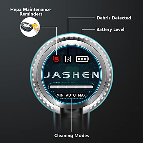 JASHEN Aspirador sin Cable, 350W Motor Digital Brushless 2500mAh Batería Extraíble de Ion-Litio 40 Minutos,LED Pantalla Inteligente, 3 Velocidades (Azúl V18)