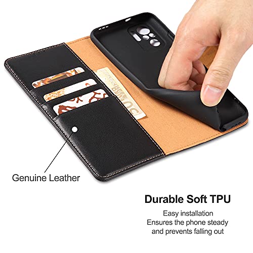 Jenuos Funda Xiaomi Redmi Note 10 4G/ Note 10S Libro, [Bloqueo RFID] Carcase Cuero Genuino con Tapa Cierre Magnético y Ranura para Tarjeta Piel para Redmi Note 10 4G/ Note 10S- Negro(MN10-PG-BK)