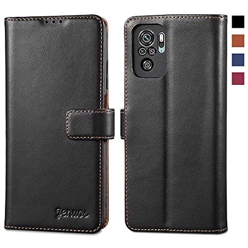 Jenuos Funda Xiaomi Redmi Note 10 4G/ Note 10S Libro, [Bloqueo RFID] Carcase Cuero Genuino con Tapa Cierre Magnético y Ranura para Tarjeta Piel para Redmi Note 10 4G/ Note 10S- Negro(MN10-PG-BK)