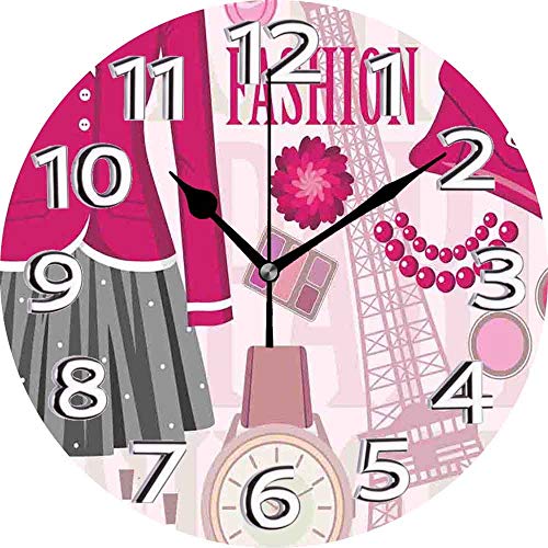 jifyasuo Reloj de Pared 9.5in Tema de Moda en París con Trajes Vestido Reloj Monedero Perfume Parisienne Landmark