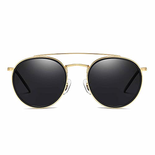 JIM HALO Gafas de Sol Polarizadas Redondas Marco de Metal Lente Circulo Plano Anteojos Mujer Hombre(Aleación Dorado Punta Negro/Gris Polarizado)