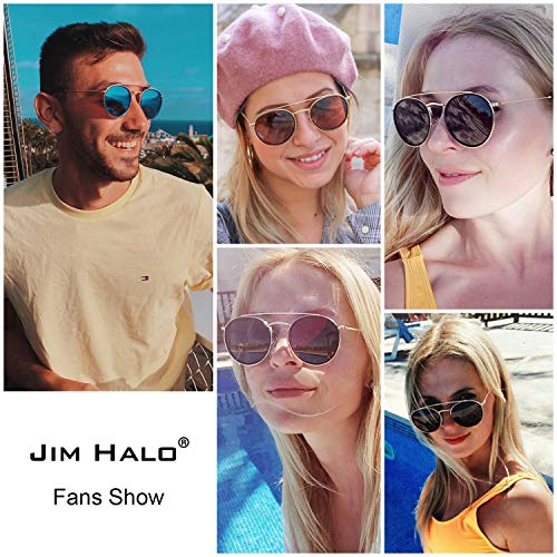 JIM HALO Gafas de Sol Polarizadas Redondas Marco de Metal Lente Circulo Plano Anteojos Mujer Hombre(Aleación Dorado Punta Negro/Gris Polarizado)