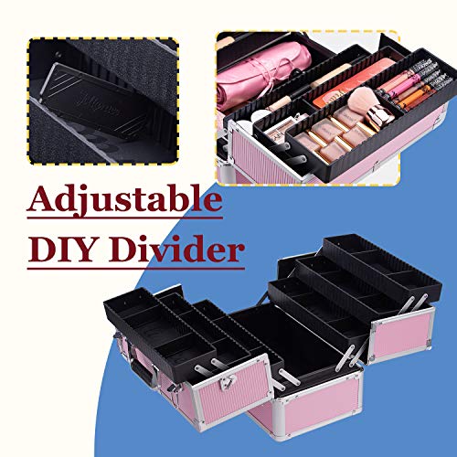 Joligrace Maletin Maquillaje Grande Estuche Maquillaje Neceser Maquillaje Joyero Organizador Mujer Maletin de Manicura Peluqueria Caja Maquillaje Cosméticos de Viaje Profesional con Correa, Rosa