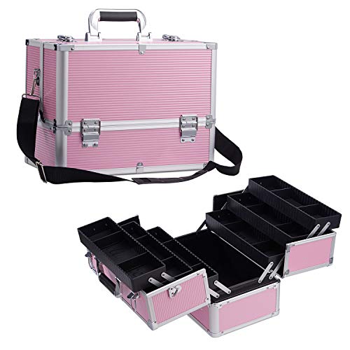 Joligrace Maletin Maquillaje Grande Estuche Maquillaje Neceser Maquillaje Joyero Organizador Mujer Maletin de Manicura Peluqueria Caja Maquillaje Cosméticos de Viaje Profesional con Correa, Rosa