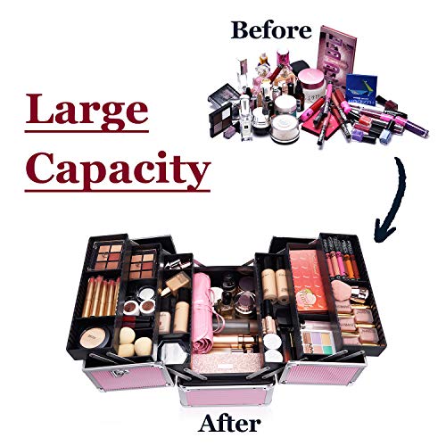 Joligrace Maletin Maquillaje Grande Estuche Maquillaje Neceser Maquillaje Joyero Organizador Mujer Maletin de Manicura Peluqueria Caja Maquillaje Cosméticos de Viaje Profesional con Correa, Rosa