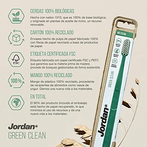 Jordan ® | Cepillo de dientes manual Green Clean | Cepillo de dientes sostenible fabricado con materiales reciclados | Diseño escandinavo | Cerdas suaves | Color aleatorio | Pack 4 Unidades