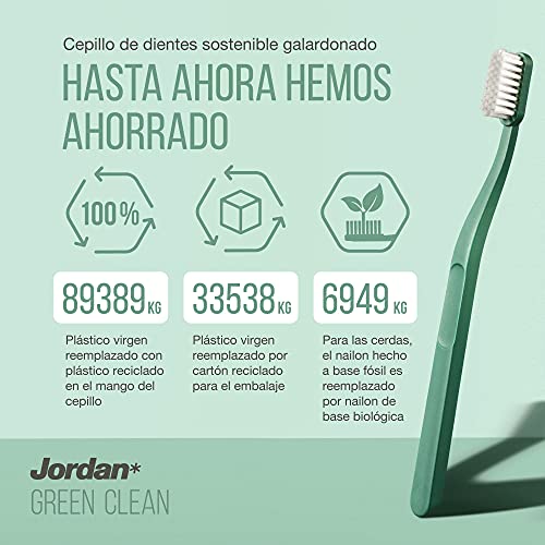 Jordan ® | Cepillo de dientes manual Green Clean | Cepillo de dientes sostenible fabricado con materiales reciclados | Diseño escandinavo | Cerdas suaves | Color aleatorio | Pack 4 Unidades