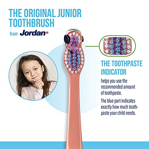 Jordan* | Step 3 | Cepillo de dientes para niños de 6 a 9 años | Cepillo de dientes para niños con cerdas suaves, mango ergonómico doble y sin BPA | Color azul y rosa | Pack de 4 unidades