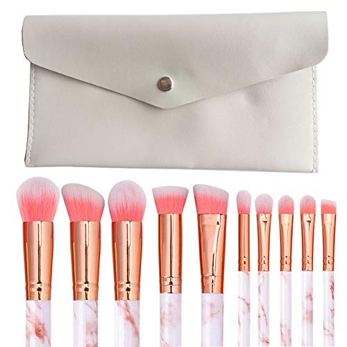 Juego de 10 brochas de maquillaje de mármol rosa con bolsa de maquillaje para base de mezcla, colorete y correctores de ojos