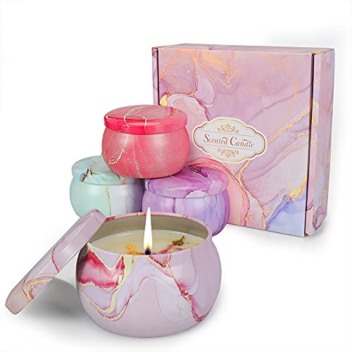 Juego de 4 Velas Perfumadas, Caja de Regalo Decorativa,Cera de Soja Natural con 4 Aromas Florales, Regalo de Mujer, 35*4 horas de , Decoración de Mesa,Combustión para Baño, Yoga