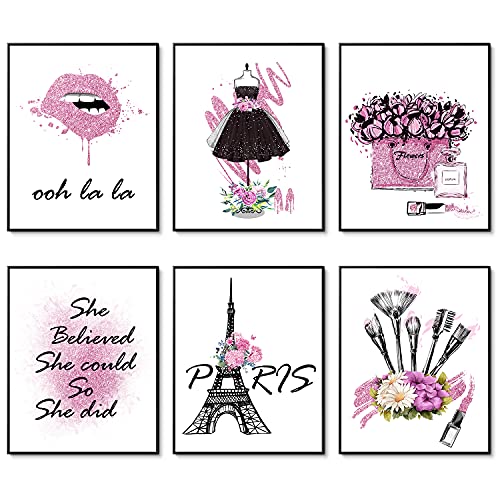 Juego de 6 pares de 6 pares de estampados para decoración de habitación de niña, diseño de flores de perfume, lápiz labial, lienzo para decoración de (8 x 10 pulgadas sin marco, rosa bonito)