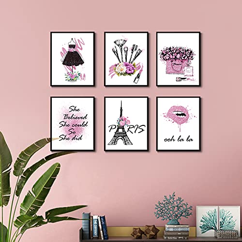 Juego de 6 pares de 6 pares de estampados para decoración de habitación de niña, diseño de flores de perfume, lápiz labial, lienzo para decoración de (8 x 10 pulgadas sin marco, rosa bonito)