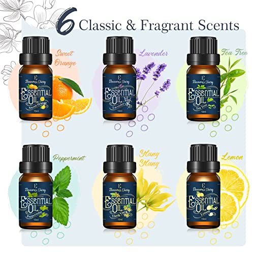 Juego de Aceites Esenciales, Eleanore's Diary Aceites de Aromaterapia 6x10ml para Difuso de Aroma, Juego de Regalo de Aceites Esenciales 100% Puros, Lavanda, Limón, Naranja, Ylang Ylang, Árbol de Té