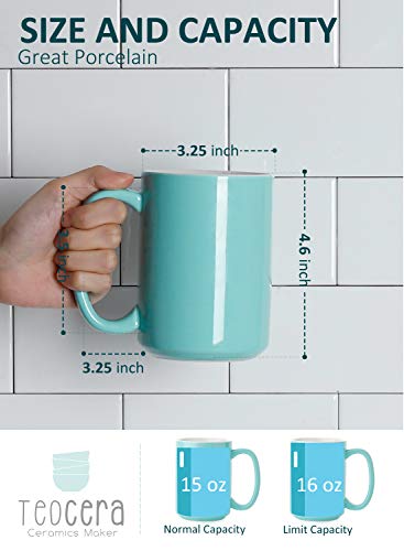 Juego de tazas de café de porcelana turquesa con mango grande para bebidas calientes o frías como cacao, leche, té o agua, cerámica lisa con diseño clásico