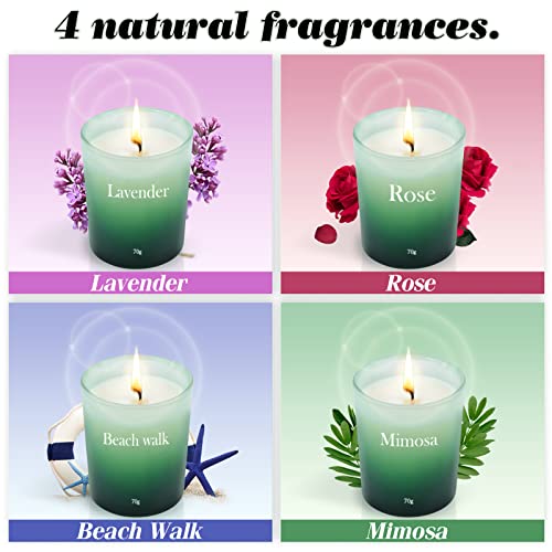 Juegos de Velas Perfumadas, 4 Velas Aromáticas-Rosa, Lavanda, Mimosa y Playa, Cera de Soja Velas de Aromaterapia, para Mujeres, Cumpleaños, Navidad, San Valentín, Baño, Yoga