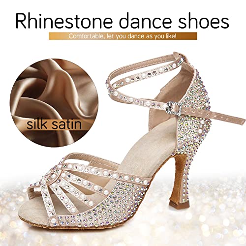 JUODVMP Zapatos Baile Latino Mujer Diamante de Imitación Zapatos Salsa Tango Mujer Model VE-YCL430-7.5,Desnudo,38EU