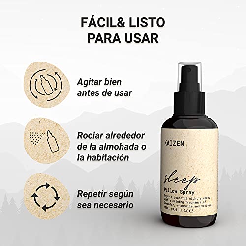 KAIZEN Spray Almohada para Dormir - Deep Sleep Pillow Spray Natural para Relajar Cuerpo y Mente - Spray para Dormir con Aceites Escenciales de Lavanda y Manzanilla - Lavanda Spray para Dormir, 100ml