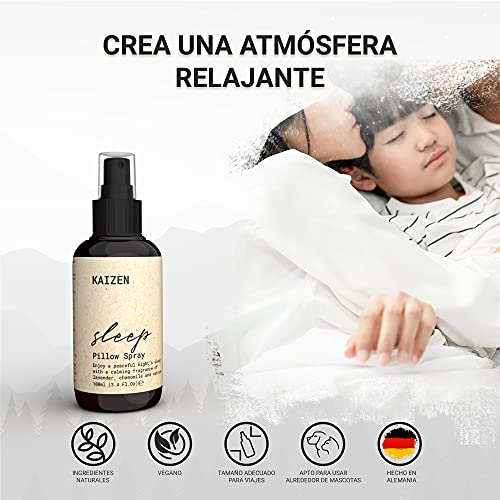 KAIZEN Spray Almohada para Dormir - Deep Sleep Pillow Spray Natural para Relajar Cuerpo y Mente - Spray para Dormir con Aceites Escenciales de Lavanda y Manzanilla - Lavanda Spray para Dormir, 100ml