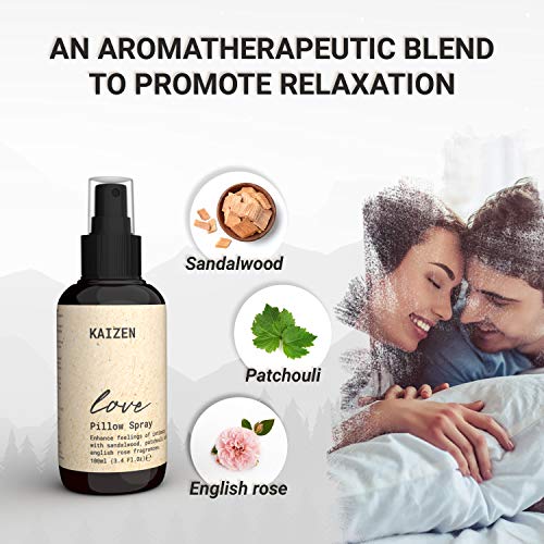 KAIZEN Spray Bruma Almohada con Aceites Esenciales de Sándalo y Pachuli - Spray para Dormir Almohada, Efecto Relajante para Dormir en Pareja - Spray Almohada para Dormir, Efecto Larga Duración, 100ml