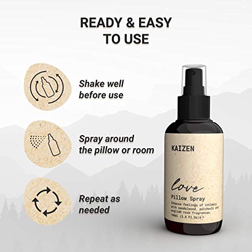 KAIZEN Spray Bruma Almohada con Aceites Esenciales de Sándalo y Pachuli - Spray para Dormir Almohada, Efecto Relajante para Dormir en Pareja - Spray Almohada para Dormir, Efecto Larga Duración, 100ml