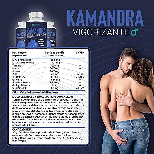 Kamandra - 30 comprimdos | Vigorizante masculino de alta eficacia | 1 comprimido al día | L-arginina - L-Citrulina - Taurina - Abrojo - Rhodiola - Ginkgo