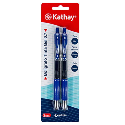 Kathay 86210530. Pack de 2 Bolígrafos de Gel, Color Azul, Punta 0,7, Cierre en Clic, Perfectos como Material Escolar