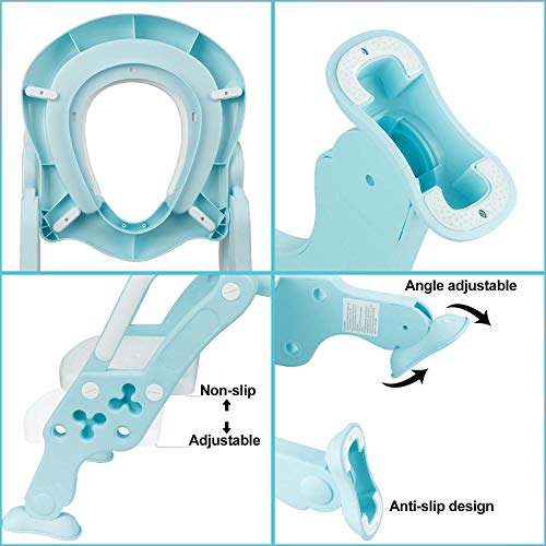 KEPLIN - Escalera de aprendizaje infantil para asiento de inodoro con escalón ancho antideslizante y cojín suave azul azul