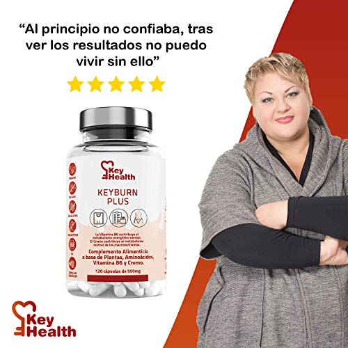 Key Health | Quemagrasas Potente KeyBurn | Complemento Alimenticio Termogénico para Adelgazar con L-Carnitina Guaraná Cafeína Te verde Vitamina B6 | 120 cápsulas | 2 Cápsulas al Día | Fat Burner