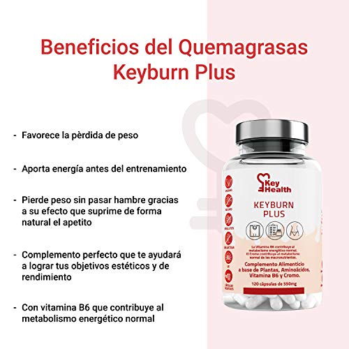 Key Health | Quemagrasas Potente KeyBurn | Complemento Alimenticio Termogénico para Adelgazar con L-Carnitina Guaraná Cafeína Te verde Vitamina B6 | 120 cápsulas | 2 Cápsulas al Día | Fat Burner