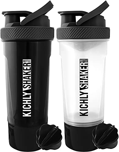 KICHLY (Set de 2) Botella shaker proteinas con batidor Blenderball clásica (700 ml) - Tapa antiderrames con Envase de almacenamiento suplementos - Perfecto para Entrenamiento (Negro y Claro)