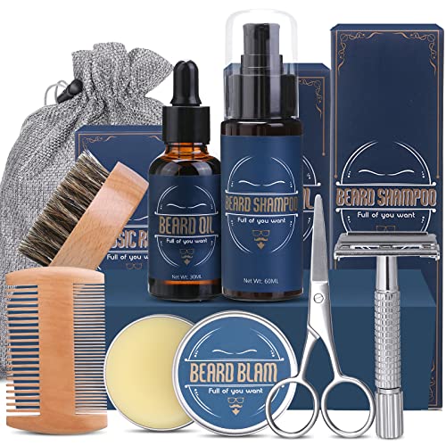 Kit Barba Cuidado para Hombres - Regalo San Valentin Hombre, Set de Afeitado y Recorte Incluye Maquinilla de Afeitar, Aceite, Crema Barba, Champú, Cepillo de Cerdas, Peine