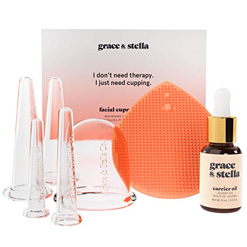 Kit de terapia de ventosas faciales con cepillo de limpieza de silicona y aceite de jojoba, totalmente natural, mejora el tono de la piel, aumenta la producción de colágeno (juego de 7 piezas)