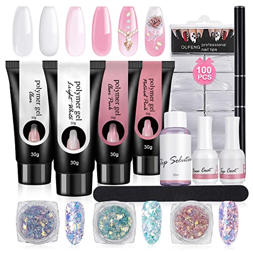 Kit de Uñas de Gel Completo, 4 * 30ml de Uñas Gel, Kit Gel de Extensión de Uñas, gel Constructor Uñas Kit Con Polvo de Purpurina de 3 Colores, Cerca Del Color de Las Uñas, Regalo de Novia & Mamá