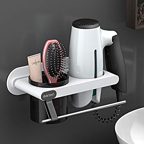 kitchen-dream Soporte para secador de Pelo,Estante para secador de Pelo,Estante para secador de Pelo con Barra de Toalla,Estante para secador de Pelo de baño Multifuncional(Blanco)