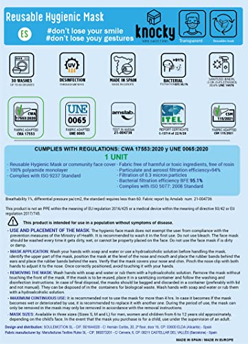 KNOCKY Mascarilla Transparente Homologada Reutilizable Color Negro. Mascarilla Deportiva de Tela. Certificación Europea CWA17553 y Certificación Española UNE0065, Fabricada en España.