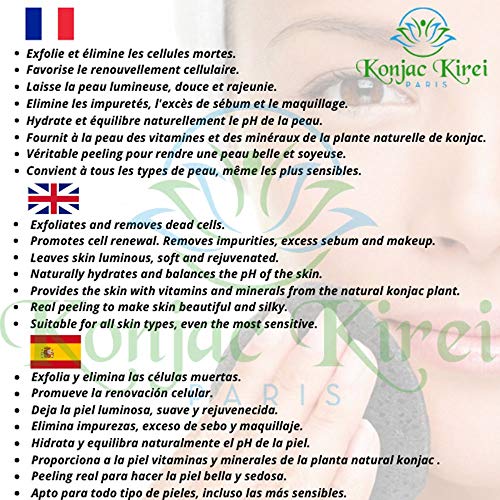 Konjac Kirei Paris - Esponja konjac limpiador facial exfoliante,para el cuidado facial de maquillaje, punto negro, 100% natural, para hombre y mujer, marca francesa (Carbón de bambú)