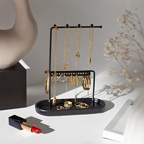 KOOK TIME Organizador joyas | organizador pendientes | colgador collares | con bandeja para anillos, pulseras y otras pequeñas joyas o bisutería | Metal mate negro y bandeja cerámica negro mate