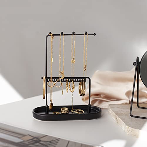 KOOK TIME Organizador joyas | organizador pendientes | colgador collares | con bandeja para anillos, pulseras y otras pequeñas joyas o bisutería | Metal mate negro y bandeja cerámica negro mate