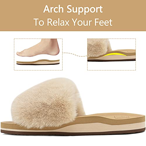 KuaiLu Pantuflas Mujer Peluche Felpa Piel de Conejo Zapatillas de Estar en Casa Invierno Comoda Peludas Caliente Slippers Verano Abierta Antideslizante Goma Suela Chanclas Beige 39