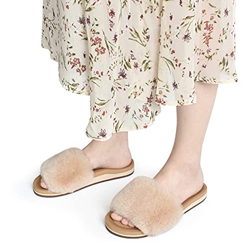 KuaiLu Pantuflas Mujer Peluche Felpa Piel de Conejo Zapatillas de Estar en Casa Invierno Comoda Peludas Caliente Slippers Verano Abierta Antideslizante Goma Suela Chanclas Beige 39