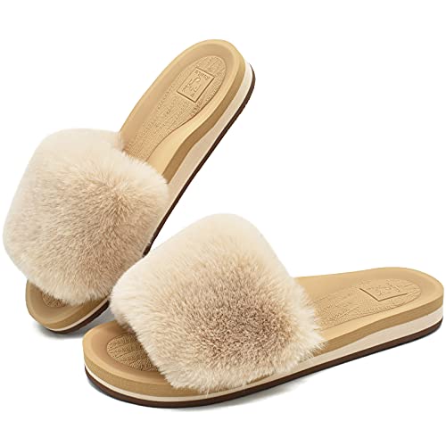 KuaiLu Pantuflas Mujer Peluche Felpa Piel de Conejo Zapatillas de Estar en Casa Invierno Comoda Peludas Caliente Slippers Verano Abierta Antideslizante Goma Suela Chanclas Beige 39