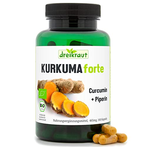 Kurkuma Forte de dreikraut – Cúrcuma Bio + Curcumina 95% + Piperina, 160 Cápsulas Veganas, de 465 mg, Fabricación Alemana, Fórmula Equilibrada, sin Aditivos, Antiinflamatorio Natural