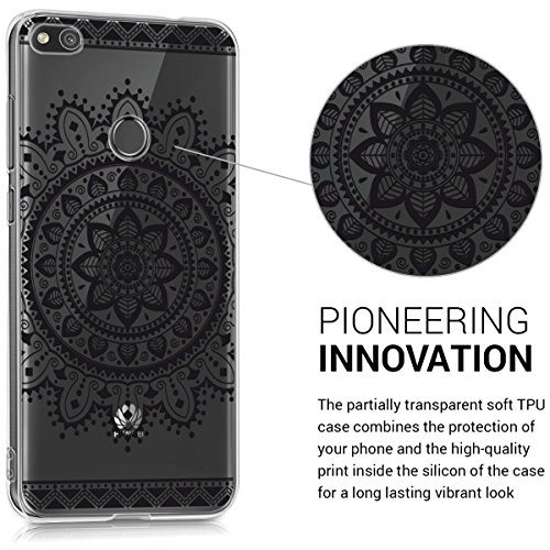 kwmobile Carcasa Compatible con Huawei P8 Lite (2017) - Funda Silicona TPU Flores Aztecas Negro/Transparente